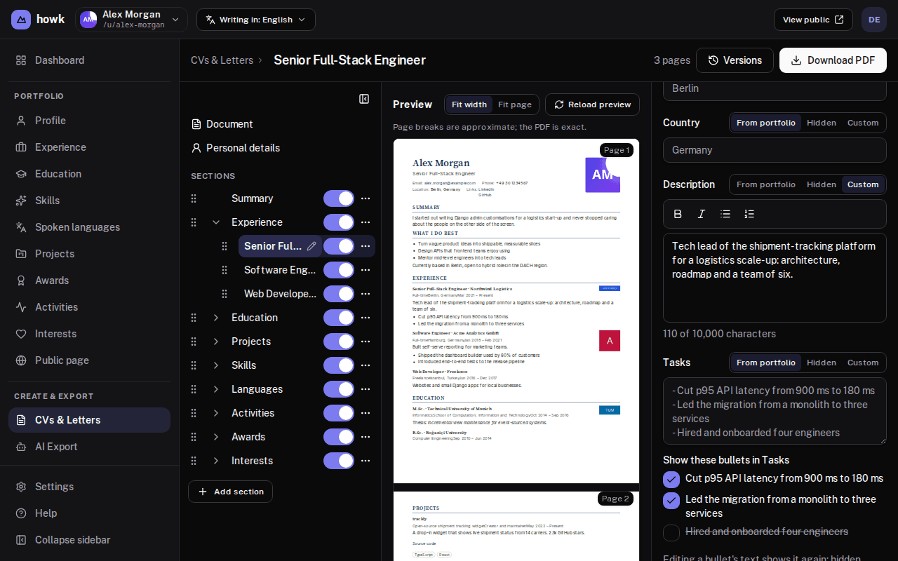 The howk CV builder with a tailored experience description and selected bullet points beside the document preview.
