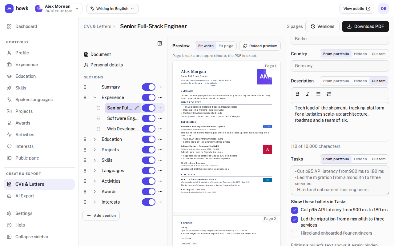 The howk CV builder with a tailored experience description and selected bullet points beside the document preview.