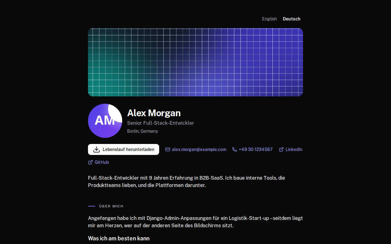 Ein veröffentlichtes howk-Portfolio für Alex Morgan mit einer beruflichen Vorstellung, Kontaktlinks und Sprachauswahl für Englisch und Deutsch.