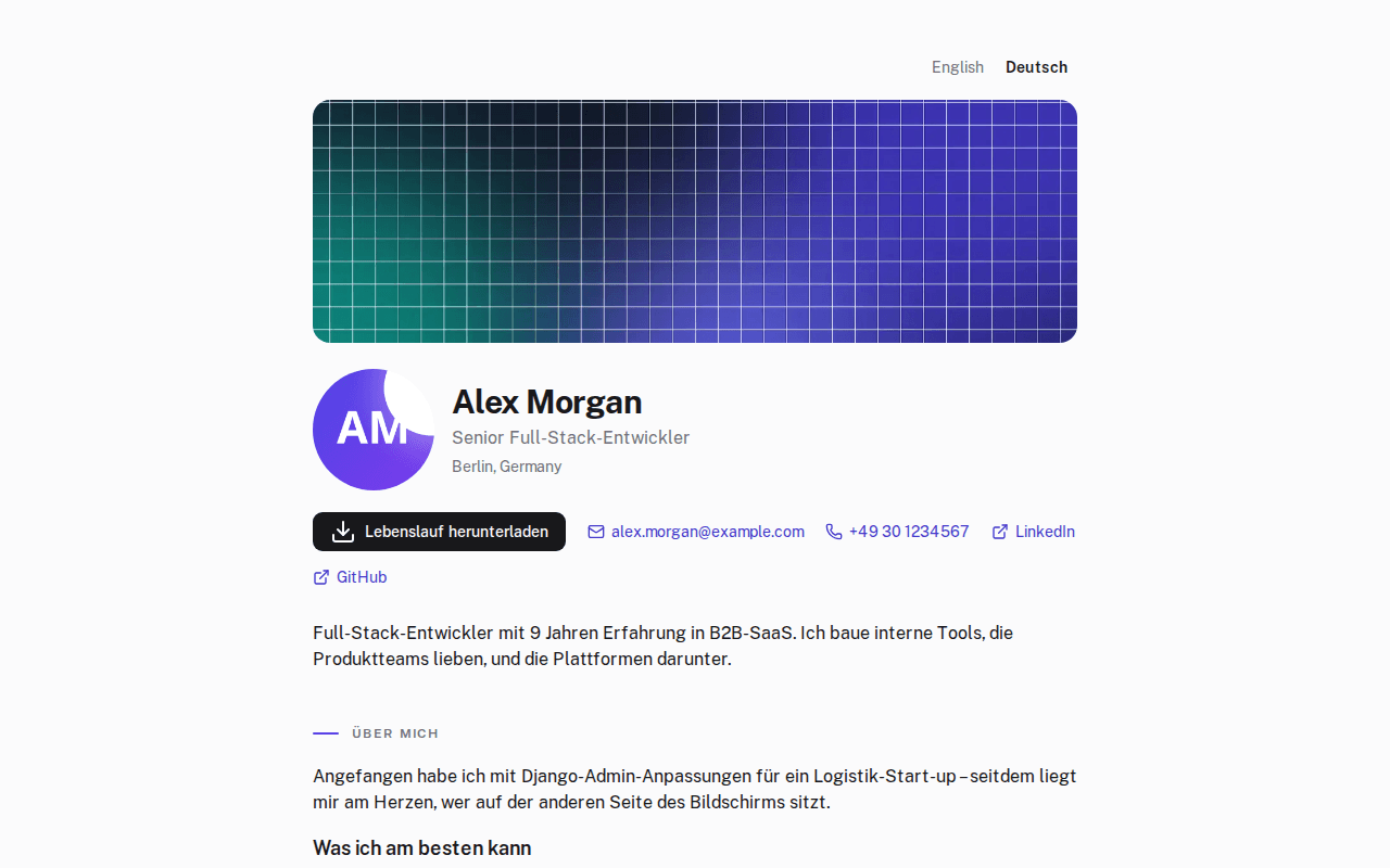 Ein veröffentlichtes howk-Portfolio für Alex Morgan mit einer beruflichen Vorstellung, Kontaktlinks und Sprachauswahl für Englisch und Deutsch.