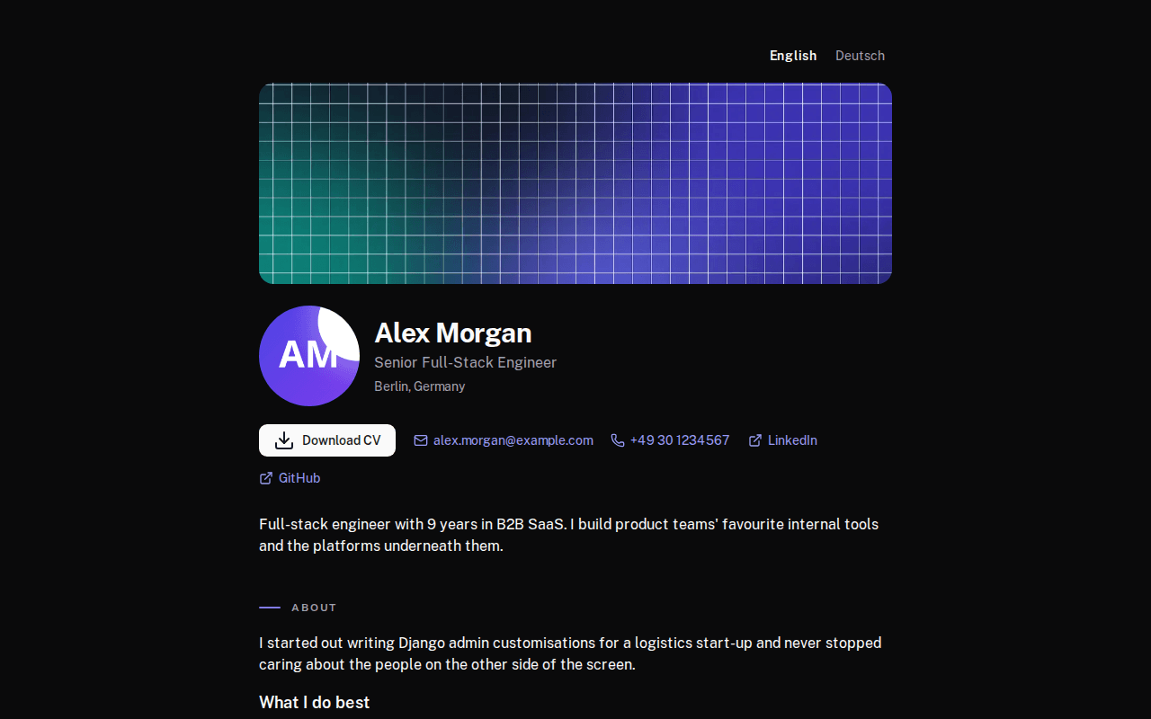 A published howk portfolio for Alex Morgan, with a professional introduction, contact links, and English and German language options.
