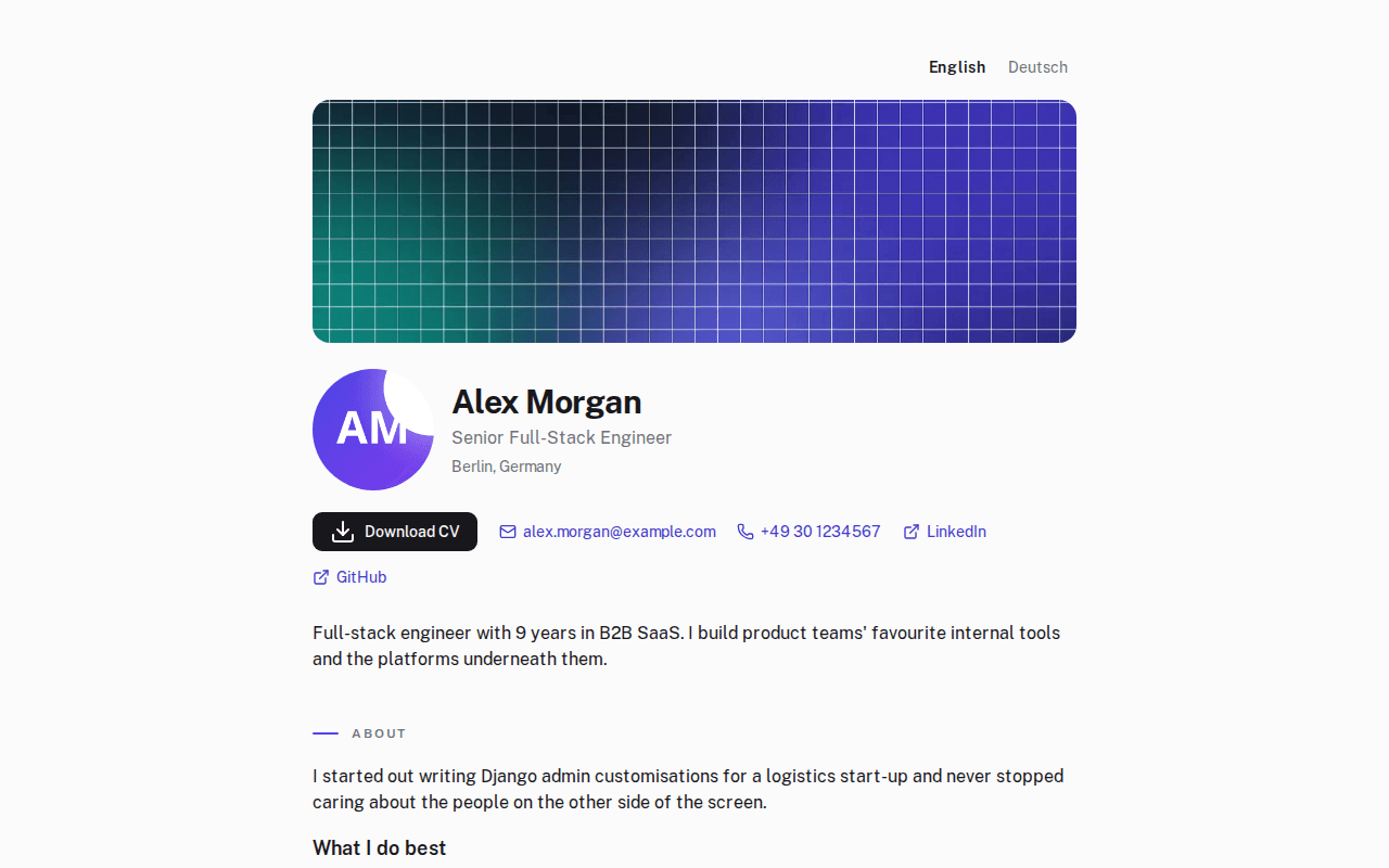 A published howk portfolio for Alex Morgan, with a professional introduction, contact links, and English and German language options.